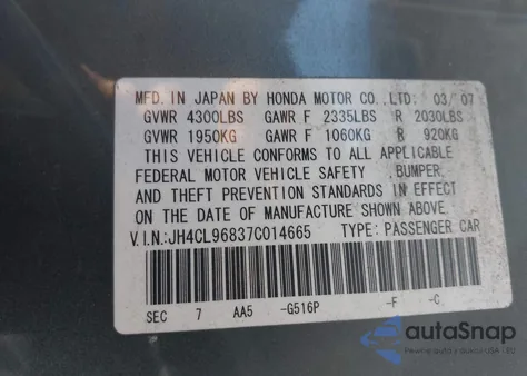 2007 Acura Tsx z USA, uszkodzony, nr VIN JH4CL96837C014665